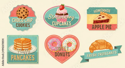 Vintage Bakery Stickers Collection with Cookies, Cupcakes, Pie, Pancakes, Donuts, and Croissant.