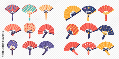 Collection of traditional Japanese and Chinese folding hand fans with various patterns and colors.