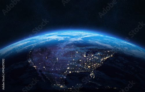 Earth planet at night. North America. Night on planet with cities lights. North and Central America at night viewed from space, high resolution.