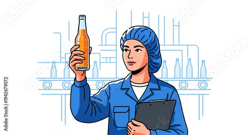 Factory Worker Holding Glass Bottle.