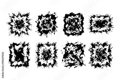 Explosive splash ink blots set: dynamic black abstract splatter collection
