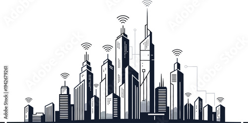 Modern smart city skyline with interconnected buildings representing advanced urban technology, wireless communication, and digital network infrastructure for future development and innovation.