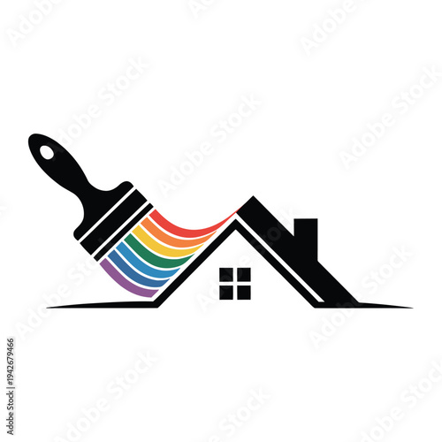 A paintbrush with a rainbow handle painting a stylized house silhouette