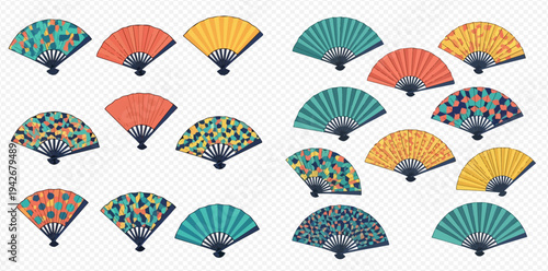 Collection of vibrant Japanese folding fans with various patterns and colors, traditional Asian accessories for cooling and decoration.