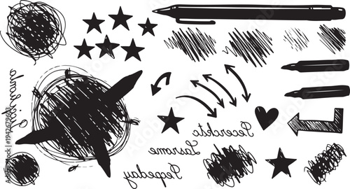 A charming collection of office and stationery-themed doodles, featuring realistic pen and marker illustrations, messy ink scribbles, stars, and decorative arrows.