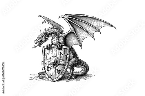Intricate dragon guarding medieval shield with detailed wings