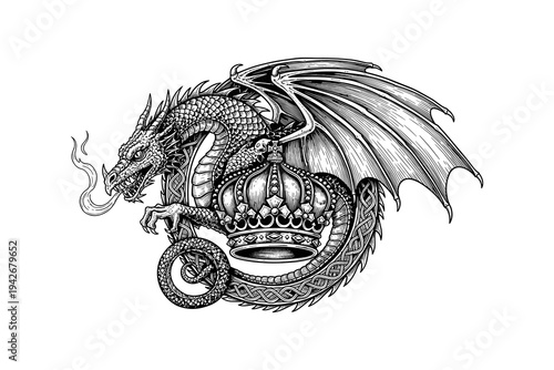 Intricate dragon wrapped around crown breathing fire in detailed monochrome design