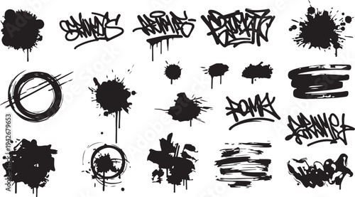 A raw collection of urban graffiti assets including hand-styled tags, messy paint drips, and gritty spray splatters.