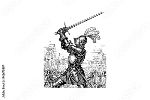Medieval knight in armor wielding sword in detailed black and white battle scene