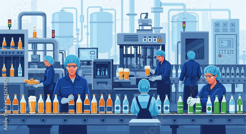 Factory Workers Inspecting Bottled Products.