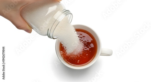 Pouring sugar into a cup of hot beverage for sweetening