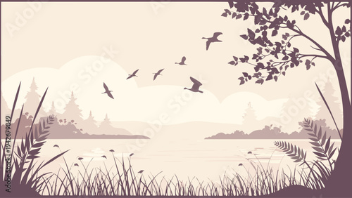 Silhouette illustration depicts geese flying in formation above a calm lake surrounded by layered hills and dark foreground reeds under soft hazy daylight