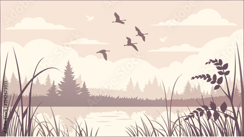 Serene monochromatic landscape depicting a tranquil lake reflecting muted skies while several geese fly gracefully across the horizon above dense forest silhouettes and foreground reeds.