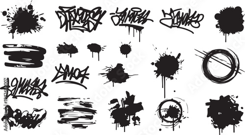 A raw collection of urban graffiti assets including hand-styled tags, messy paint drips, and gritty spray splatters.