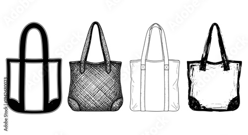 Set of four tote bag illustrations with varied designs and textures