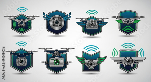 Collection of Drone Security Badges and Emblems with Wireless Connectivity.