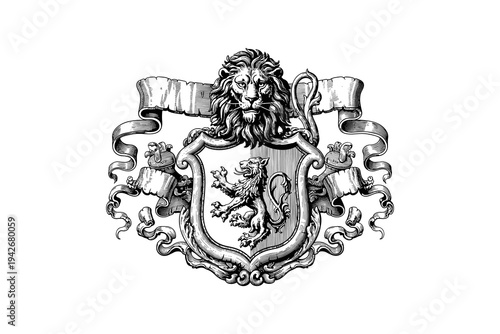 Vintage heraldic emblem featuring regal lion and ornate shield design
