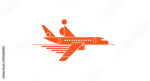 Orange Airplane Flying Through the Sky with Abstract Elements.