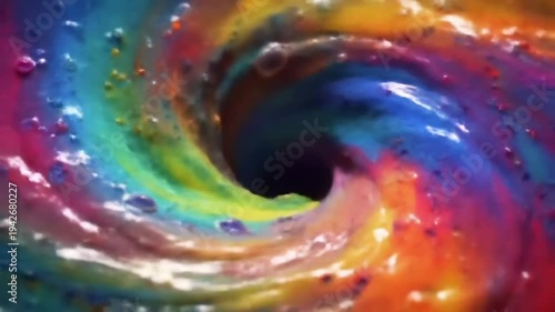 Swirling rainbow colors create a vibrant, textured vortex with bubbles.