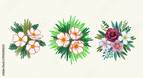 Vibrant hand-drawn floral bouquets collection, featuring three distinct arrangements with colorful blossoms and lush green foliage, rendered in a charming painterly style, ideal for spring designs