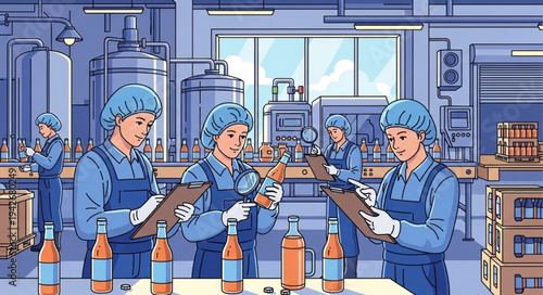 Factory Workers Inspecting Bottles.