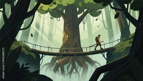 Illustration Of An Adventurer Walking On A Bridge