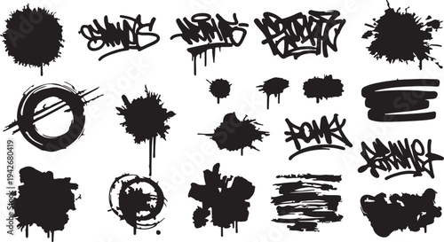 A raw collection of urban graffiti elements featuring hand-styled tags, drips, and messy spray paint splatters.