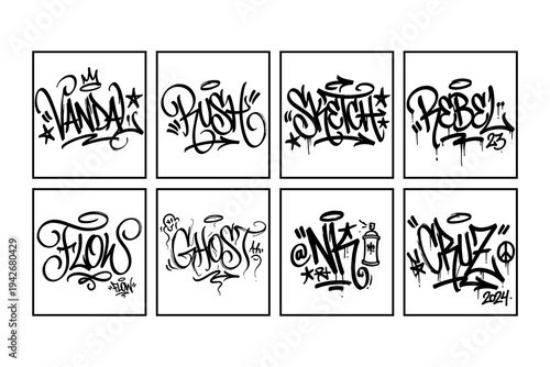 Urban graffiti art collection featuring bold lettering and creative street styles