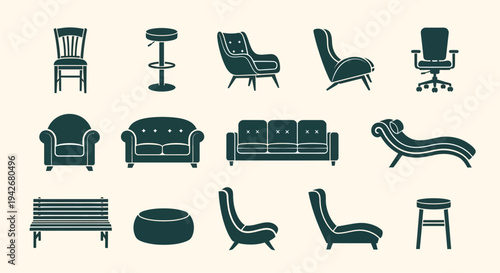 Elegant collection of minimalist furniture vector silhouettes featuring a diverse array of chairs, sofas, benches, and stools, ideal for modern interior design and graphic projects