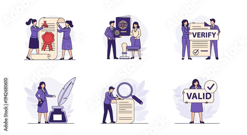 Six flat illustrations depicting document verification certification and validation processes
