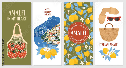 Vibrant Amalfi Coast Summer Collection Illustrated Banners Capturing Italian Charm, Citrus Fruits, and Mediterranean Lifestyle Delights