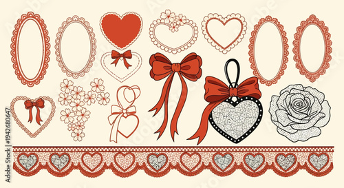 Beautiful collection of red and beige decorative elements featuring hearts, bows, and floral designs, perfect for crafting and design projects