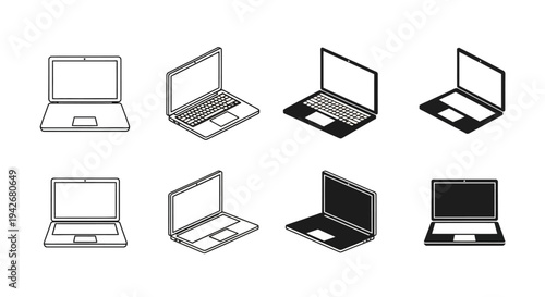 Collection of stylized line art and flat design illustrations of open laptops on a white background