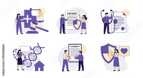 Six flatdesign icons depicting health law patient data doctor genetics consent and insurance