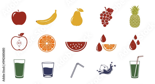 Set of healthy fruit and juice icons, symbolizing nutrition and refreshing drinks for a balanced lifestyle