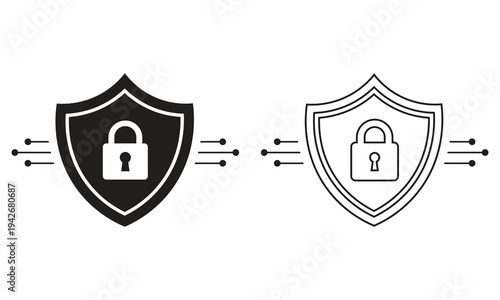 Cyber security shield icon with padlock in black and outline design for data protection
