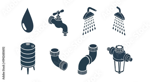 Set of isometric icons representing plumbing and water supply systems, including a water drop, faucet, showerheads, tank, pipes, and filter