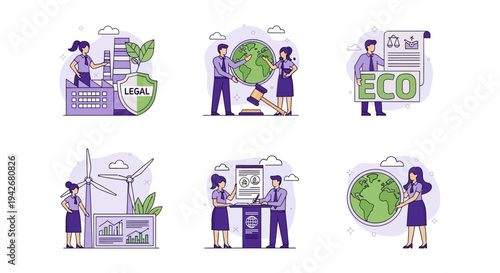 Six illustrated icons depicting corporate environmental governance and legal compliance