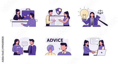 Six illustrations depict business meetings legal advice consultation and agreement