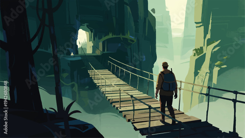 Illustration Of An Adventurer Walking Slowly Across An Old Wooden Bridge Vector Design Template