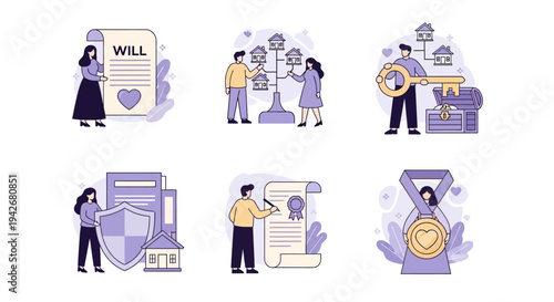 Six illustrations depict inheritance family assets legal documents and protection