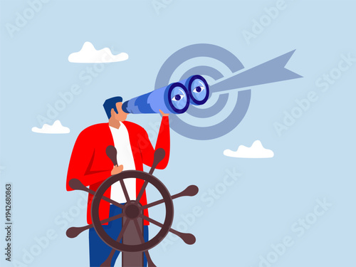 Businessman captain at steering wheel helm with telescope.leadership and visionary to lead company success, career direction or work achievement concept Vector illustration
