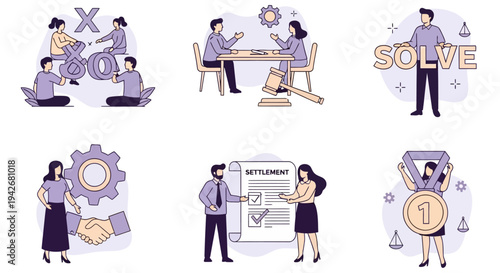 Six illustrations depicting conflict resolution negotiation settlement and winning