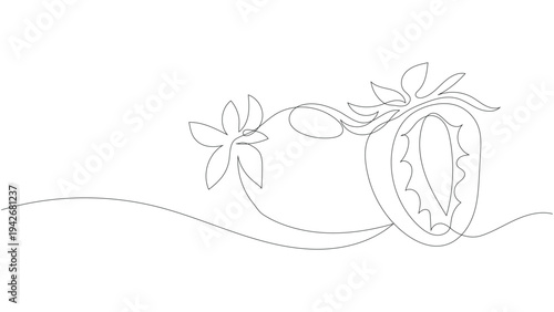 Minimalist Continuous Single Line Art Illustration of Fresh Strawberries with Leaves, Editable stroke