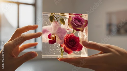 Hands holding transparent acrylic cube with preserved pink roses and orchids. Artistic floral display in resin block. Handcrafted decorative ornament concept.