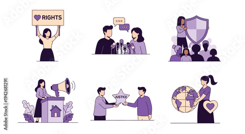 Six illustrations in two rows depicting advocacy protection justice and global care