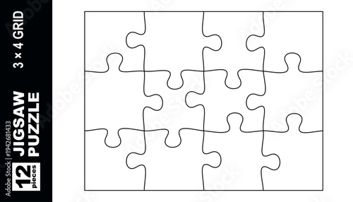 12 piece jigsaw puzzle template 3x4 grid rectangle vector layout isolated on white background clean outline design for print cutting educational presentation infographic business