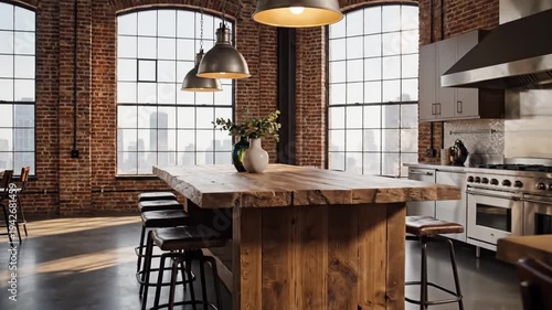 Spacious industrial loft kitchen with large windows and brick walls