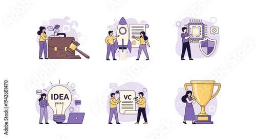 Six panels illustrating startup development stages legal launch tech idea funding and success