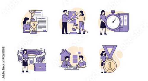 Six stylized illustrations depicting sports contract and business activities